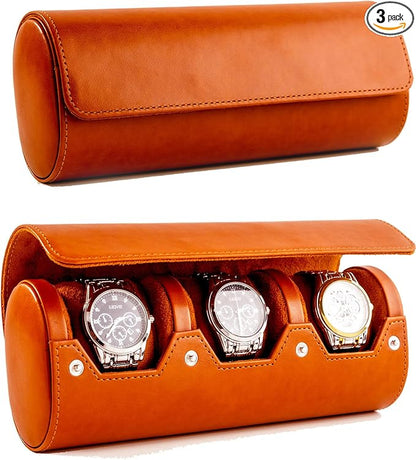MR.OKAY 3 Watch Travel Case- Classic Leather Watch Case With Perfect Texture.Portable Watch Roll Or Organizer For Storage And Display. Luxury Gifts For Men, All Handmade by Artisans.