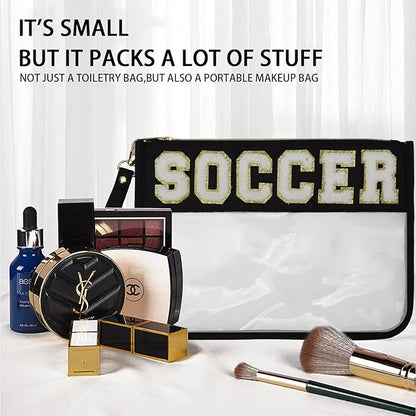 2 Pcs Soccer Gifts Cosmetic Makeup Bag with Chenille Letter Patch,with Handles PVC Waterproof Clear Makeup Bag,Portable Toiletry Storage Bag,Players & Fans Birthday, Team or Sports Lover Presents