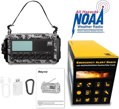 Raynic Solar Radio, 12000mAh/44400mWh Battery Operated Weather Radio, Hand Crank Emergency Radio with AM/FM/SW/NOAA Alert, Cell Phone Charger, Type-C Charging, Flashlight and SOS Siren