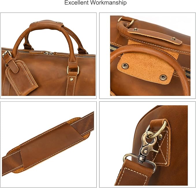 Full-grain Leather Travel Bag Large Capacity Duffel Luggage Bag with Shoe Compartment for Men Shoulder Handbag for Weekend Holiday Business Trip, Light Brown