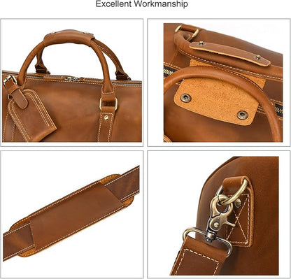 Full-grain Leather Travel Bag Large Capacity Duffel Luggage Bag with Shoe Compartment for Men Shoulder Handbag for Weekend Holiday Business Trip, Light Brown