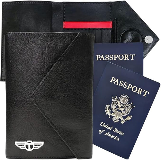 Full Grain Leather Passport Holder for Men & Women -Hidden AirTag | RFID Protected Travel Wallet Passport Cover with Free Lost & Found Service (Black)