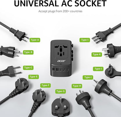 Acer Universal Travel Plug Adapter - International Power Adapter with 5 USB Ports (3 USB C) 5.8A, Worldwide Outlet Charger for USA to European UK France Germany Spain, Type C/E/F/G/I/L/A, Black