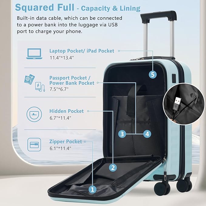 Merax Luggage Sets 2 Piece Front Opening, Hardside Lightweight Carry on Suitcase with USB Port,Durable Expandable Luggage with Bags Spinner Wheels and TSA Lock,Light Blue