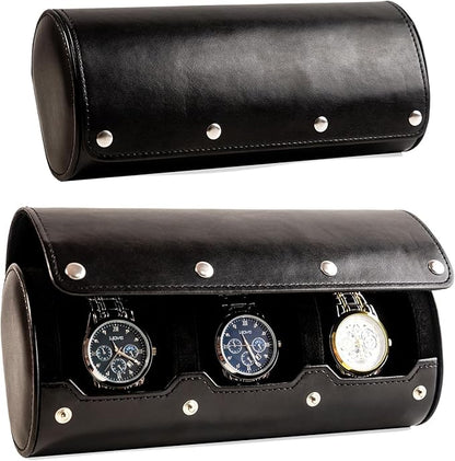 MR.OKAY 3 Watch Travel Case-Classic Leather Watch Case With Superb Texture.Portable Watch Roll Or Organizer For Storage And Display. Men's Great Gift For Traveling,100% Handmade by Artisans.