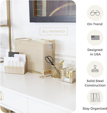BLU MONACO Gold Desk Accessories Set – 5-Piece Office Organizer with Hanging File Holder, File Organizer & Boho Desk Décor for Women
