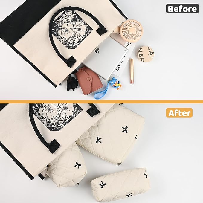 Quilted Makeup Bag Set,3 Pcs Puffy Cosmetic Bags Aesthetic Make Up Bags,Small Zipper Pouch,Travel Toiletry Bag Purse Organizer Pouches for Women (White-Bow)