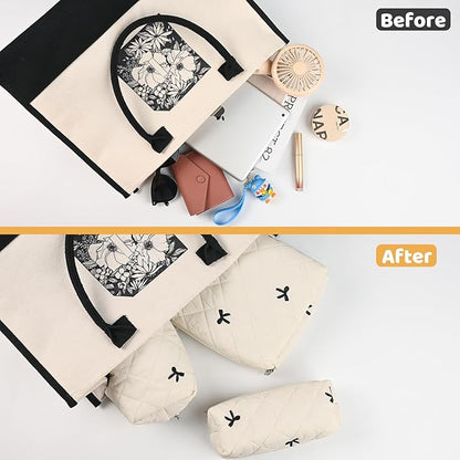 Quilted Makeup Bag Set,3 Pcs Puffy Cosmetic Bags Aesthetic Make Up Bags,Small Zipper Pouch,Travel Toiletry Bag Purse Organizer Pouches for Women (White-Bow)