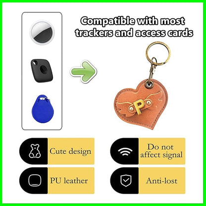 Initial Letter Leather Alphabet Keychain Holder Case Compatible with AirTag,Cute Protective Air Tag Cover with Bronze Keyring,Anti-Scratch Finder GPS Tracker Case for Pets Keys Wallet Luggage(P)
