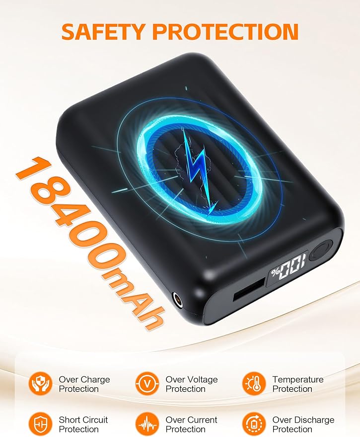18400mAh Heated Vest Battery Pack - 7.4V DC 4.0mm & USB/Type-C Output Compatible with Heated Apparel, Up to 11H Heat, LED Display