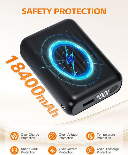 18400mAh Heated Vest Battery Pack - 7.4V DC 4.0mm & USB/Type-C Output Compatible with Heated Apparel, Up to 11H Heat, LED Display