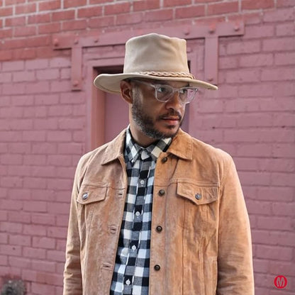 Minnetonka Outback Hat-Flat Brimmed Cowboy Hat for Men and Women Made with Distressed Leather, Hidden Steel Wire in Brim.