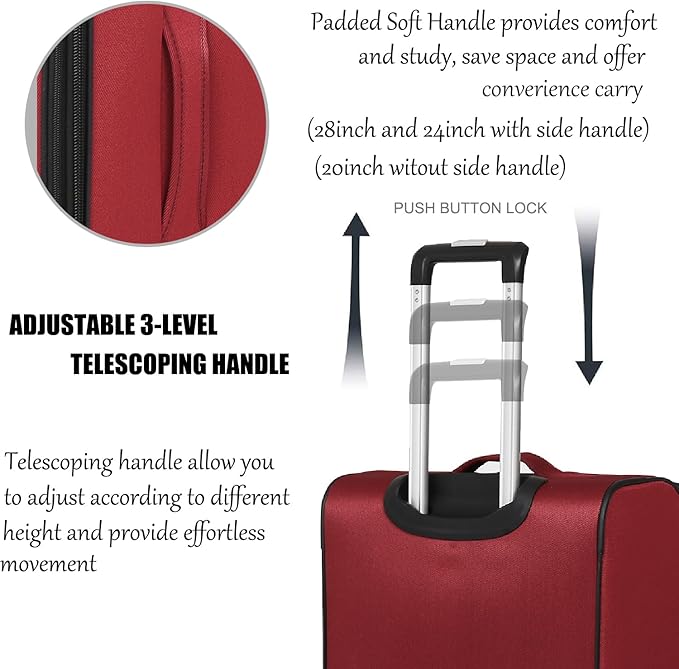 3pcs Set Softside Luggage Sets With Spinner Wheels, Expandable Softshell Suitcase Set with front pocket, 28inch, 24inch, 20inch Lightweight fabric luggage(RED)