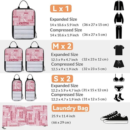 Personalized 6 Set Compression Packing Cubes for Travel Essentials with Name Initial Customized Lightweight Carry on Expandable Luggage Organizer Bags for Women and Men, Pink