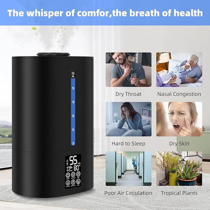 6L Humidifiers for Bedroom Large Room Home, Cool and Warm Humidifier for Plants Mist Top Fill Desk Humidifiers Essential Oil Diffuser, Quiet Humidifier with Adjustable Mist,360°Nozzle-Midnight Black
