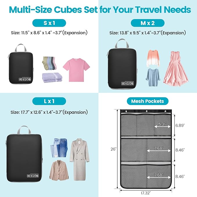 Cambond Compression Packing Cubes for Travel Women - Expandable Travel Bags Luggage Organizers Travel Essentials Compression Cubes for Travel Carry on Suitcases Organizer