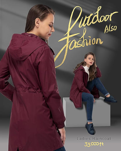 33,000ft Women's Waterproof Long Rain Coats Packable Rain Jacket with Hood Trench Coats Windbreaker