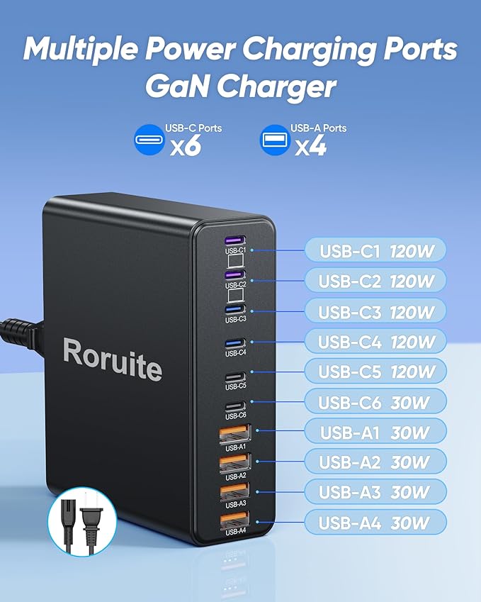 800W USB Charging Station, 120W PD GaN5 Super Fast USB C Charger Block-10 Port, Type C for PC Laptop MacBook Pro/Air Charger Compatible with iPhone 17 16 15 14 13 12 Pro Max, iPad, Galaxy (Black)