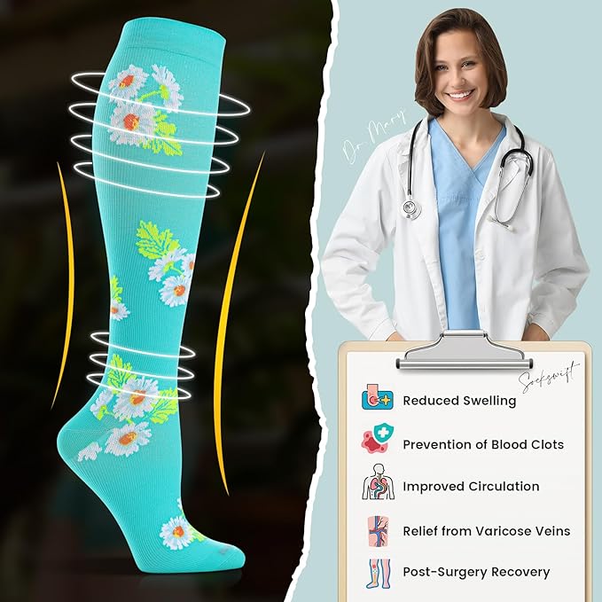 Floral Compression Socks for Women 20-30mmHg Knee High, Best for Ladies, Nurses, Pregnancy, Travel