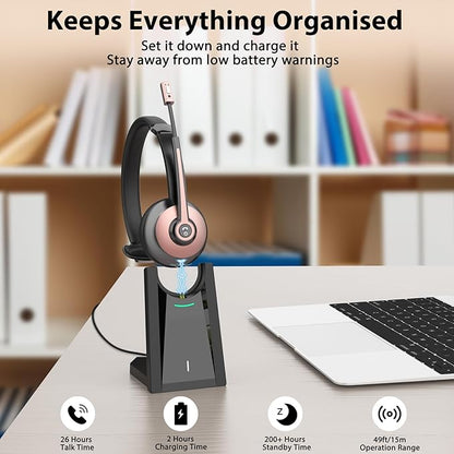 Wireless Headset with Mic for Work, Wireless Headset with Microphone (Noise Cancelling & Mute Button, USB Dongle & Charging Base), Bluetooth Headphones for Home/Office/Computer/Laptop/Phone/Teams/Zoom
