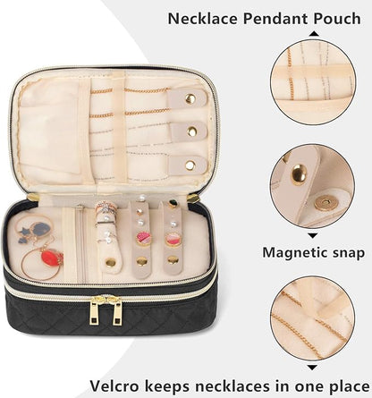 Teamoy Double Layer Jewelry Organizer, Jewelry Travel Case for Rings, Necklaces, Earrings, Bracelets and More(Small, Quilted-Black)