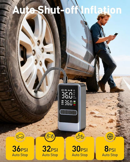 Tire Inflator Portable Air Compressor, 150PSI Cordless Air Pump for Car Tires, Electric Bike Tire Pump with Digital Pressure Gauge and LED Light, Portable Tire Inflator for Car, Moto, Bicycle