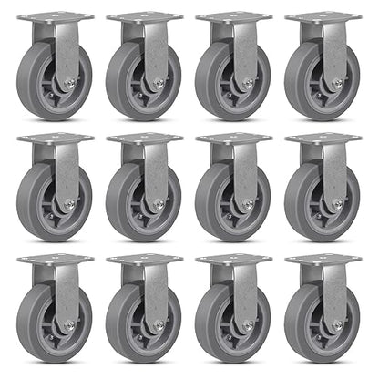 6 Inch Rubber Wheels (Flat Tread)- Heavy Duty Casters, Industrial Caster Wheels- with up to 1000 LB Capacity- Use for Dollies, Utility and Maintenance Carts(12 Rigid)