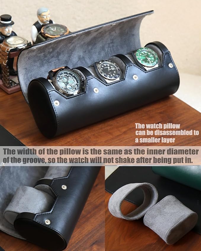 watch box organizer for mens watch case travel roll Portable 3 Watch Display Storage with Velvet Sections to Holder Large Watch (Black)