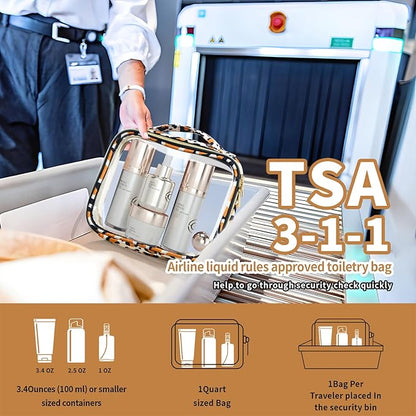 TSA Approved Travel Toiletry Bag,2 Pack Clear Makeup Bags with Handles,Quart Size Clear Cosmetic Bags for Traveling Women,Men,Carry on Airport Airline Compliant Bag,Leopard