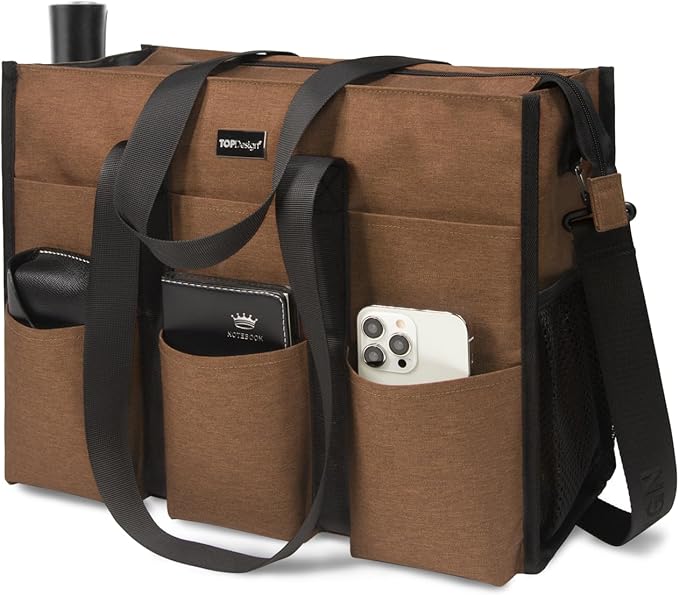 TOPDesign Utility Water Resistant Tote Bag with 22 Pockets, Top Zipper Closure & Thick Bottom Support, for Working Women