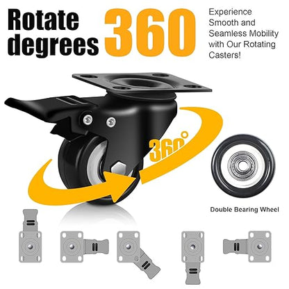 QNCZ Caster Wheels, 2" Caster Set of 4, Heavy Duty Casters and Silent Polyurethane Wheels, Swivel Plate Castor Wheels for Cart, Black, 4 Pack
