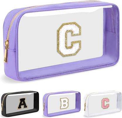 Personalized Initial Letter Clear Makeup Bag,Preppy Small Nylon&PVC Cosmetic Zipper Bag with Chenille Letter,Travel Skincare Toiletry Bag,Monogram Christmas Gift for Teen Girls Women,C