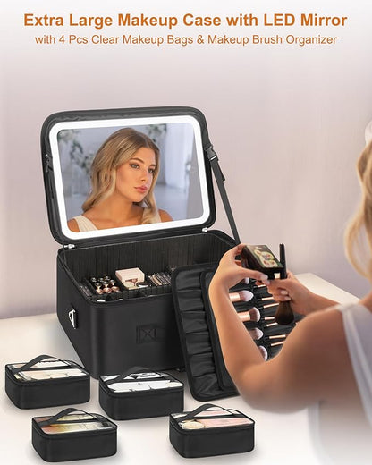 Relavel Extra Large Cosmetic Bag with LED Mirror, Train Makeup Case with Adjustable Dividers and 4 Removable Pouches, Hair Supplies Organizer, Portable Cosmetic Organizer Bag for Makeup Artists