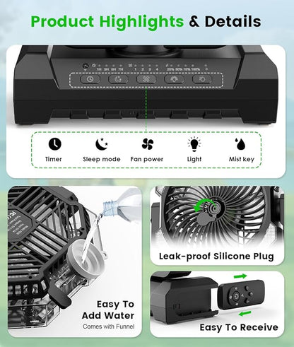 Misting Fan - Portable Battery Powered Fans with 9oz Water Tank, Light, Hook - Rechargeable, 120H Cooling, Last 5H Mist, 4 Speed, Sleep Mode - Outdoor Fan, for Camping, Travel Essentials