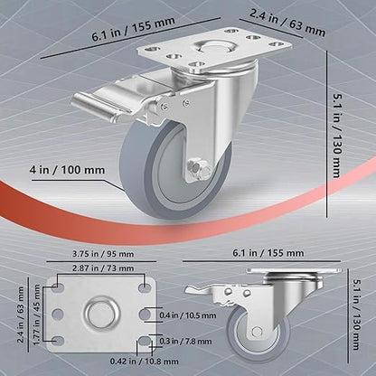 4 Inch Stainless Steel Caster Wheels with Brake, Heavy Duty 304 Casters Set of 4, Non-Marking TPR Quiet Wheels, 2300 lbs, Swivel for Furniture, Labs, Kitchens,Industrial with Hardware Kits