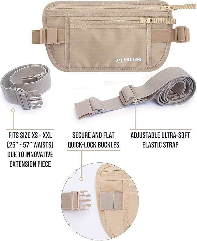 Money Belt for Travel - Hidden Travel Pouch Protect Your Credit and Money With RFID Blocking Passport Holder Waist Wallet (Khaki)