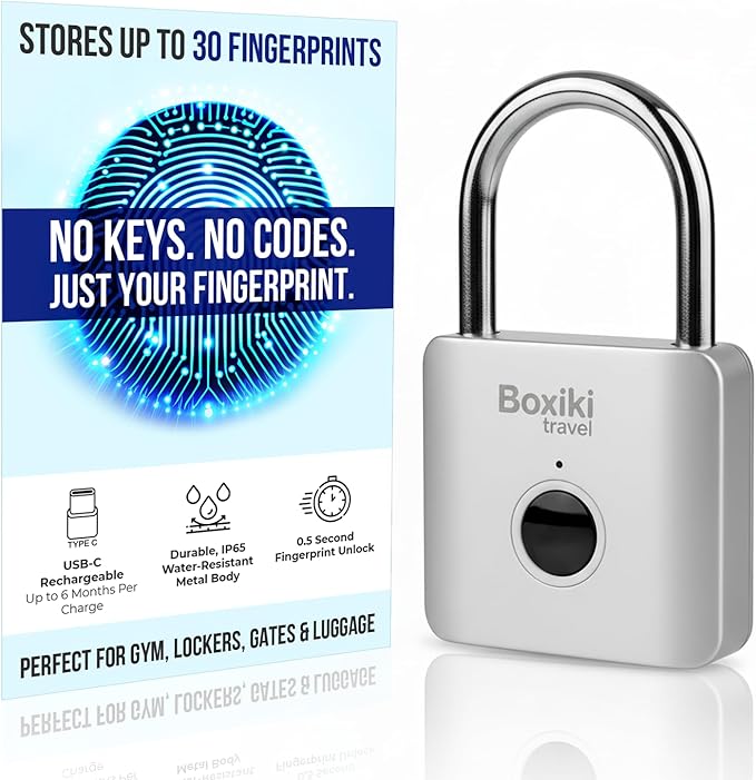 Fingerprint Padlock – Smart Biometric Lock, USB-C Rechargeable Keyless Thumbprint Locker Lock, Stores Up to 30 Fingerprints, Water-Resistant Digital Padlock for Gym, Gate, Luggage & Outdoor Storage