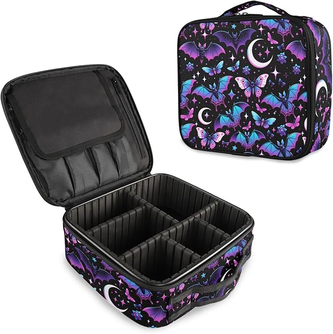 MNSRUU Travel Makeup Bag, Neon Purple and Bats Stars and Moons Women Makeup Case Organizer Cosmetic Toiletry Bag for Teenage Girl with Adjustable Dividers
