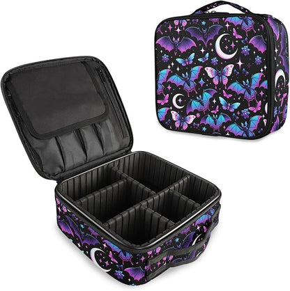 MNSRUU Travel Makeup Bag, Neon Purple and Bats Stars and Moons Women Makeup Case Organizer Cosmetic Toiletry Bag for Teenage Girl with Adjustable Dividers