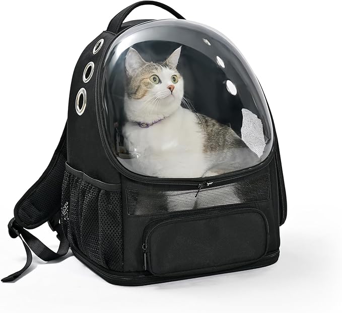 Amazon Basics Pet Carrier Backpack for Small Cats & Dogs, Collapsible Travel Carrier with Bubble Window & Breathable Mesh, Foldable for Travel, Black