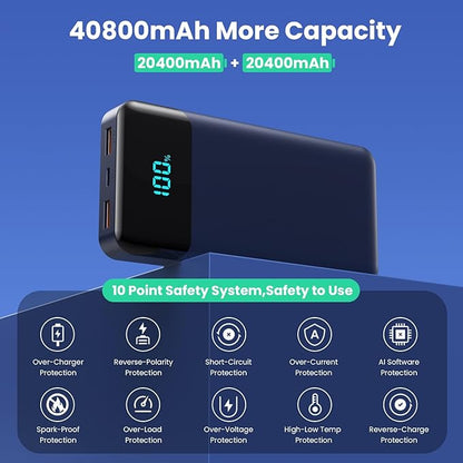 Portable Charger 40800mAh Power Bank with 3 Built-in Cable,PD 25W USB C in&Out Power Bank Fast Phone Charging,QC4.0 5 Output Travel Camping Essential Battery Pack for iPhone 17/16,Samsung Android-Navy
