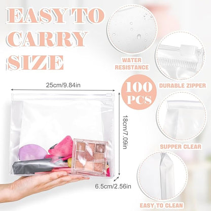 Xuniea 100 Pcs Mini Clear Makeup Bag PVC Small Travel Toiletry Organizer Pouches Bulk Waterproof Transparent Plastic Cosmetic Bag with Zipper for Women Men Travel(9.8'')
