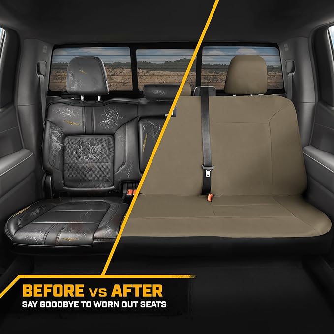 CAT Beige Rear Seat Cover for Cars, SUVs & Small Trucks – Heavy-Duty Oxford Canvas – 60/40 Split Bench Protector – Durable Back Seat Cover for Pets, Travel & Daily Use – Car & Truck Interior Accessory