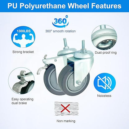4 inch Swivel Caster Wheels Heavy Duty, 3/8"-16x1 Threaded Stem Casters Set of 4, Polyurethane Grey PU Wheels for Hospital, Lab, Furnitures,Restaurant