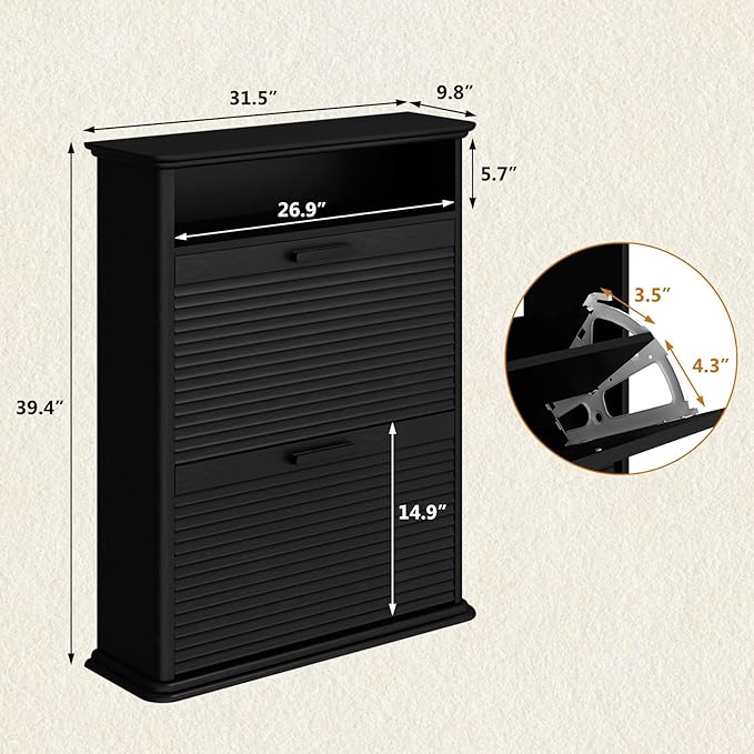Fluted Shoe Cabinet for Entryway, Modern Shoe Storage Organizer with 2 Flip-Down Drawers & Adjustable Shelves, Hidden Narrow Slim Shoe Rack for Hallway, Mid-Century Modern Furniture, Black
