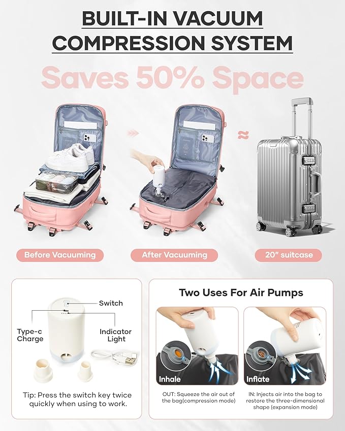 wepadre Vacuum Travel Backpack with Pump Travel Backpack with Vacuum System Easy Vac Pack Backpacks Vacpack Compression Backpacks Mochila de Viaje Compresion al Vacio Pink
