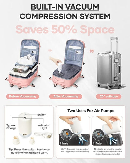 wepadre Vacuum Travel Backpack with Pump Travel Backpack with Vacuum System Easy Vac Pack Backpacks Vacpack Compression Backpacks Mochila de Viaje Compresion al Vacio Pink