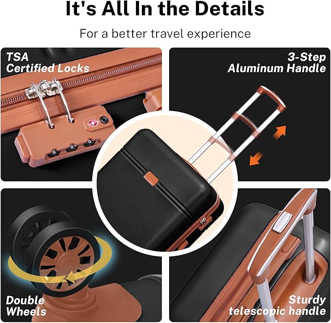 Krute Luggage Sets 5 Pieces Suitcase Set Hard Shell Carry On Luggage with Spinner Wheels TSA Approved Durable PC+ABS Hard Side Suit Case