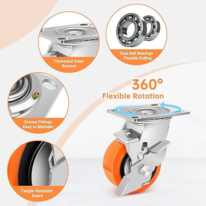 4 Inch Industrial Casters - Heavy Duty Caster Wheels Set of 4, Polyurethane Wheel Capacity up to 2500 lbs, Plate Swivel Caster Use for Workbenches, Platform Truck, Dollies Cart(4 Brake)