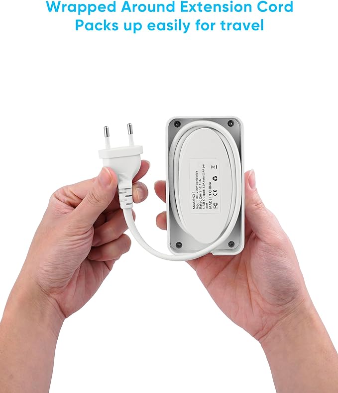 European Travel Plug Adapter, Type E F Plug Adapter, 6 AC Outlets, 4 USB Ports (2 USB C), 3ft Wrapped Around Extension Cord, for Germany France Travel